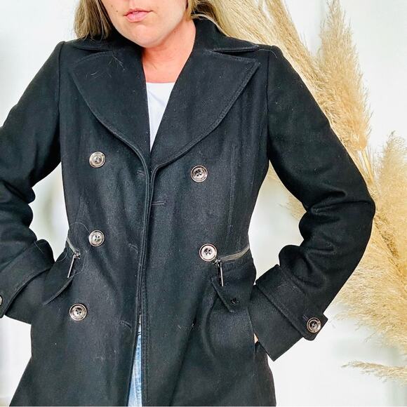 MK MICHAEL KORS Black Wool Button Front Zipper Pockets Classic Jacket Pea Coat M - Picture 16 of 16
